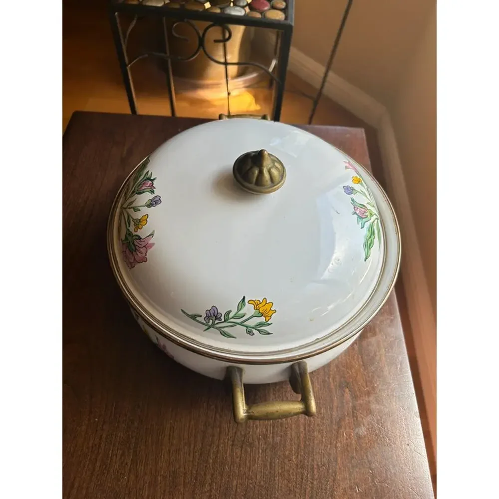Tabletops Unlimited Dar Collection Enamel On Steel Floral Vintage PotWith Lid